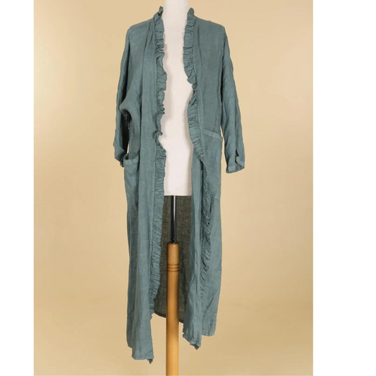 Italian Long Dusty Blue Open Front Cardigan Duster Jacket with Ruffle Trimming