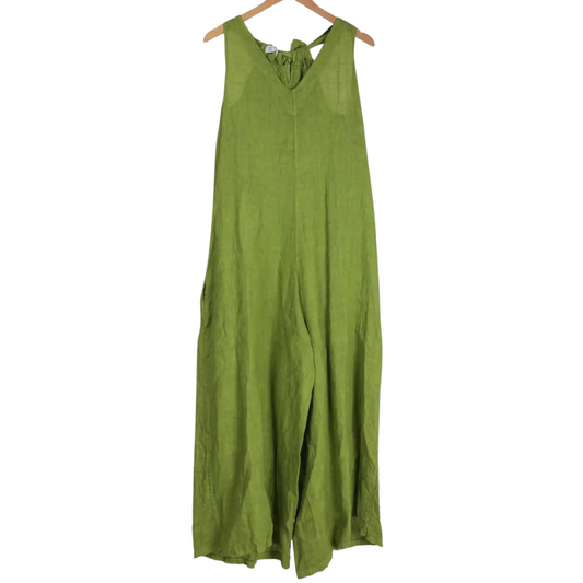 Italian Lime Green Linen Jumpsuit Romper with Back Neck Tie