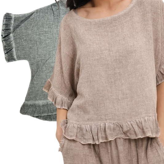 Short Sleeve Linen Pullover Scoop Neck Short Sleeve Blouse Top w Ruffle Trim