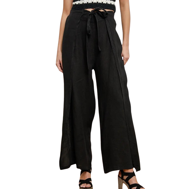 Italian Linen Flowy Leg Pants with Winged Sides and Tie Waist