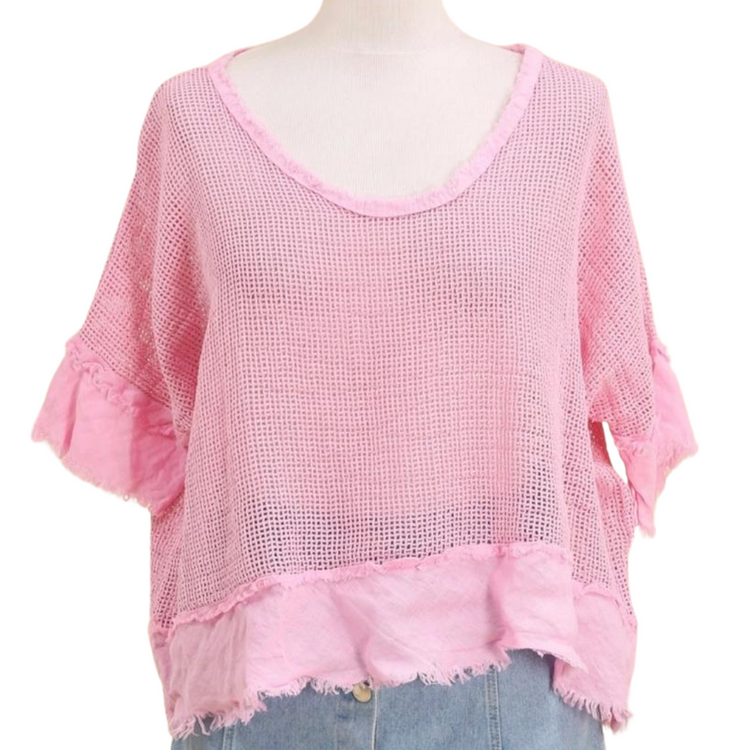 Italian Sheer Open Weave Linen & Cotton Deep Scoop Neck Pullover Short Sleeve Top