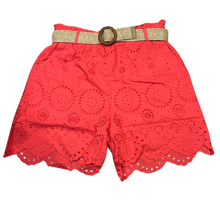 Italian Eyelet Belted Shorts with Scalloped Hem