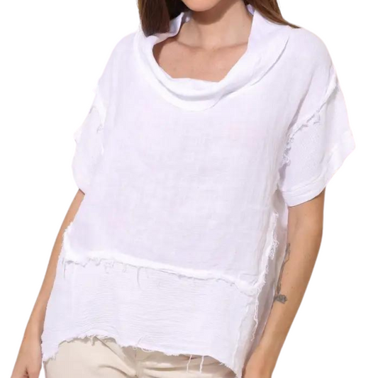 Italian Linen Deep Scoop Folded Neck Short Sleeve Top w Distressed Block Trim Detail