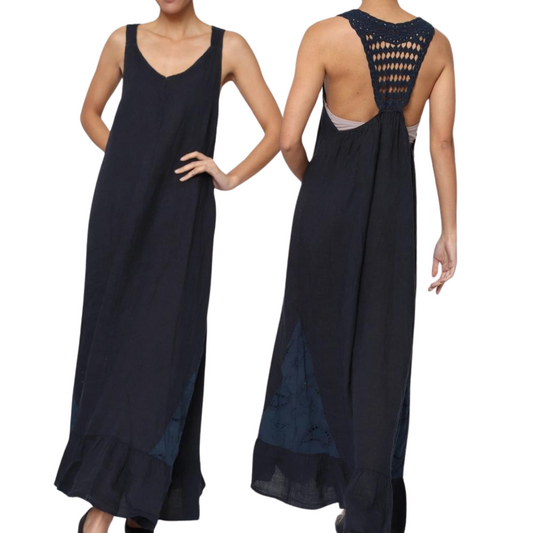 Italian Linen Sleeveless Long Dress Maxi with Crochet Racerback Back Detail