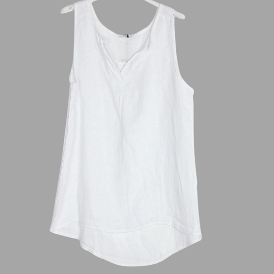 Italian Linen Classic White Sleeveless V Neck Blouse Top Tank