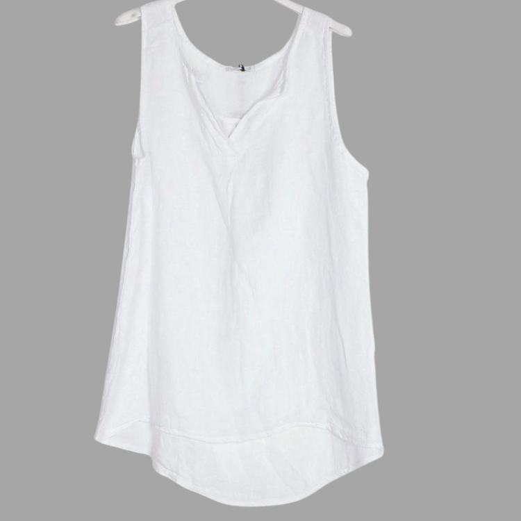 Italian Linen Classic White Sleeveless V Neck Blouse Top Tank