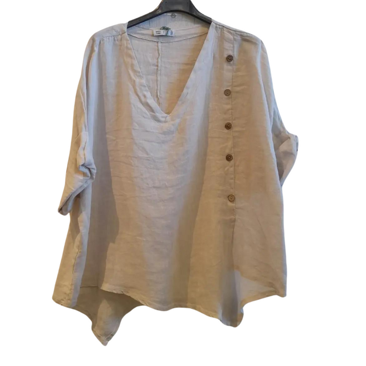 Italian Linen Asymmetrical Short Sleeve Shirt Top With Side Buttons Detail