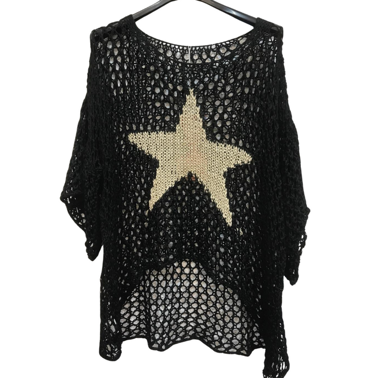 Italian High Low Loose Weave Slouchy Sweater with Gold Metallic Star