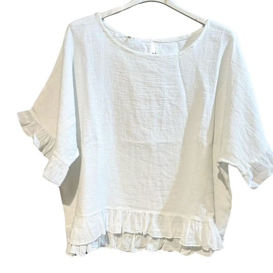 Short Sleeve Linen Pullover Scoop Neck Short Sleeve Blouse Top w Ruffle Trim