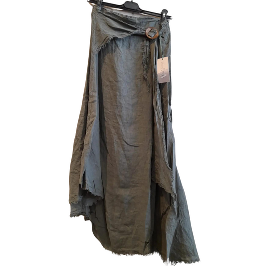 Italian Linen Boho Long Asymmetrical Maxi Skirt with Side Wrap Belt Coconut Button