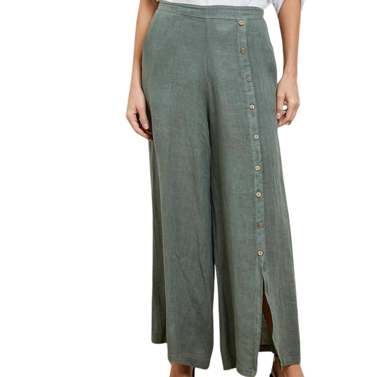 Italian Linen Flowy Wide Leg Pants with Left Leg Buttons