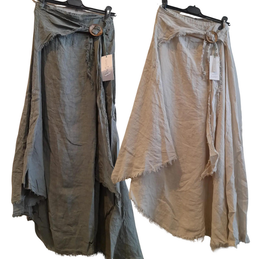 Italian Linen Boho Long Asymmetrical Maxi Skirt with Side Wrap Belt Coconut Button