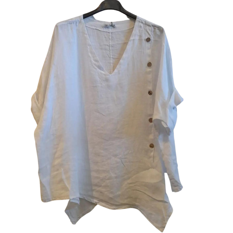 Italian Linen Asymmetrical Short Sleeve Shirt Top With Side Buttons Detail