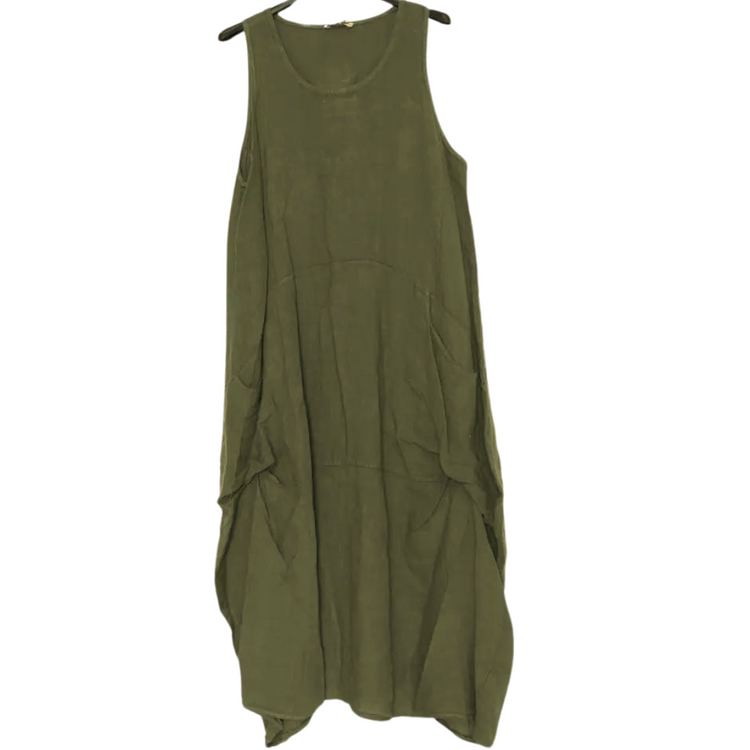 Italian Linen Boho Sleeveless Long Dress with Baggy Asymmetrical Pockets
