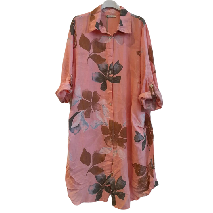 Italian Linen Button Front Shirt Dress Knee Length with Petal Print w Side Pockets