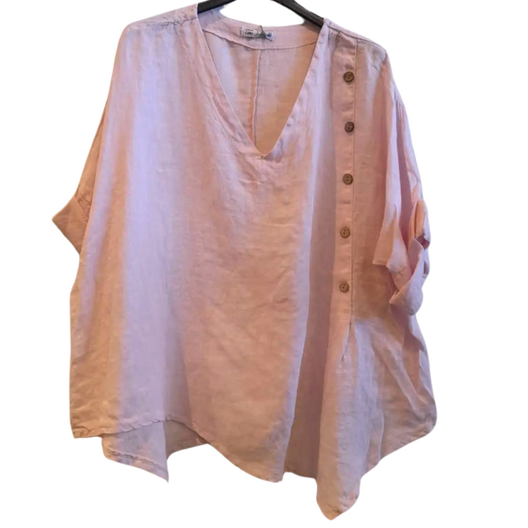 Italian Linen Asymmetrical Short Sleeve Shirt Top With Side Buttons Detail