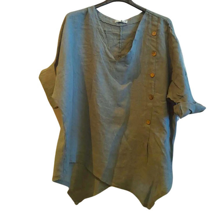 Italian Linen Asymmetrical Short Sleeve Shirt Top With Side Buttons Detail