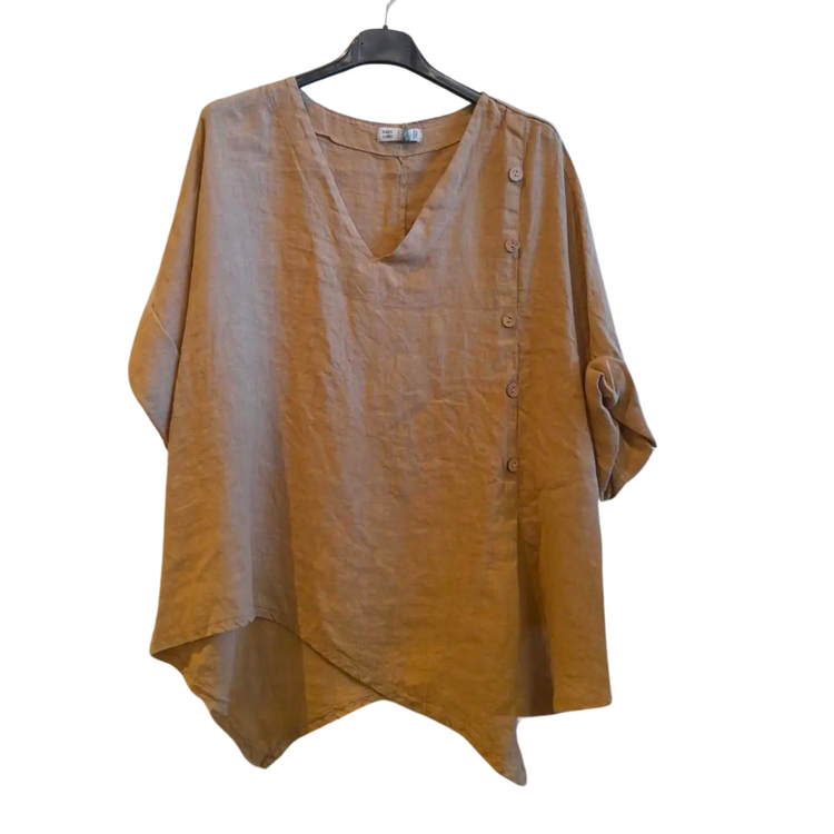 Italian Linen Asymmetrical Short Sleeve Shirt Top With Side Buttons Detail