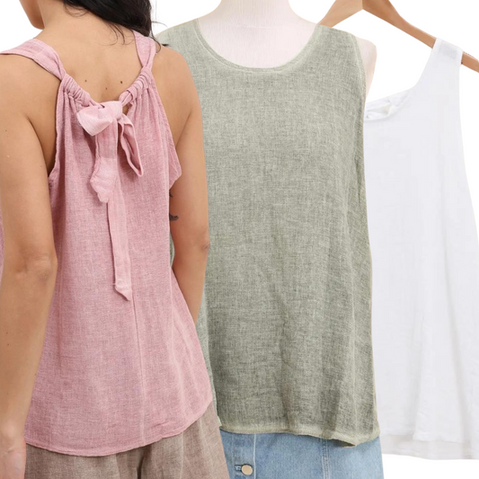 Italian Linen Cotton Sleeveless Back Tie Neck Blouse Top