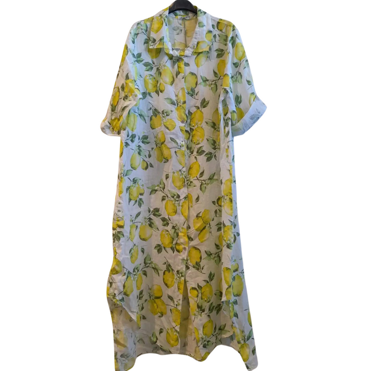 Italian Linen Long Button Front White Yellow Lemon Shirt Dress