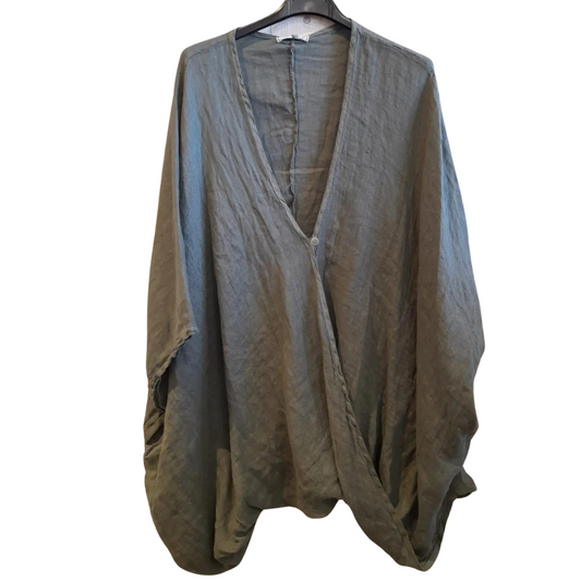 Italian Linen Deep V Neck High Low Criss Cross Front Dolman Sleeve Shirt Top