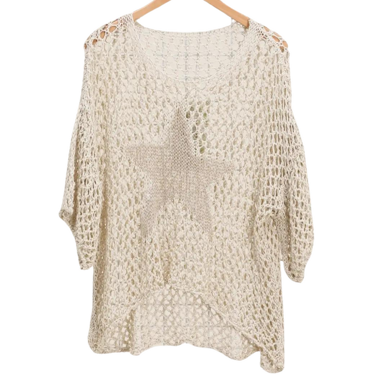 Italian Loose Weave Boho High Low Summer Sweater w Metallic Center Star