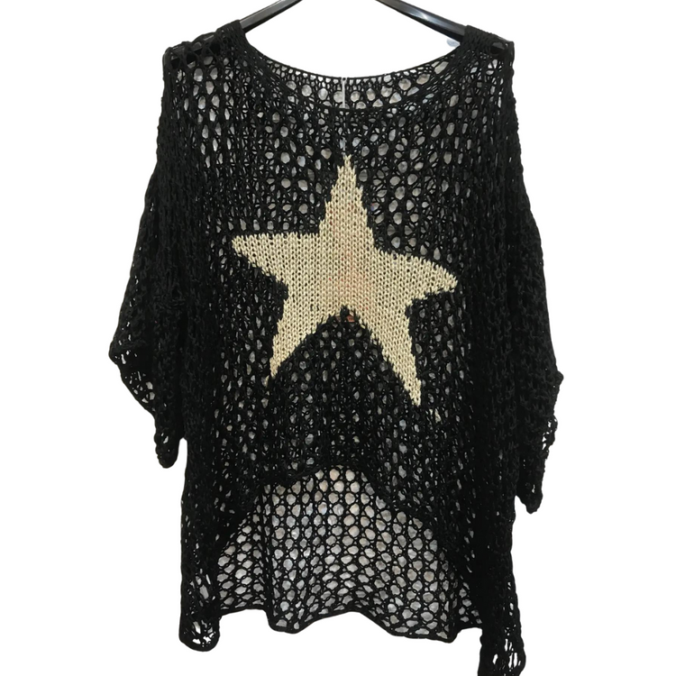 Italian Loose Weave Boho High Low Summer Sweater w Metallic Center Star