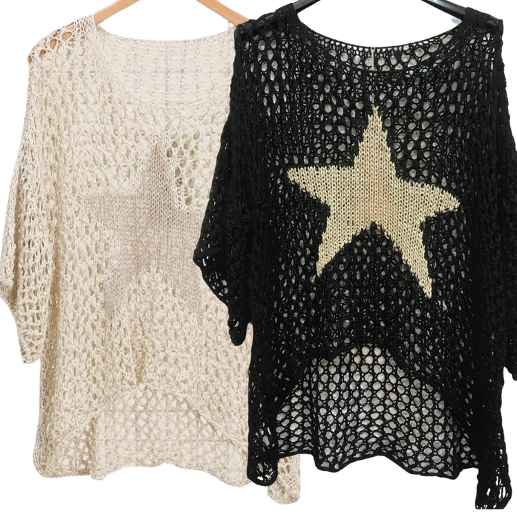 Italian Loose Weave Boho High Low Summer Sweater w Metallic Center Star