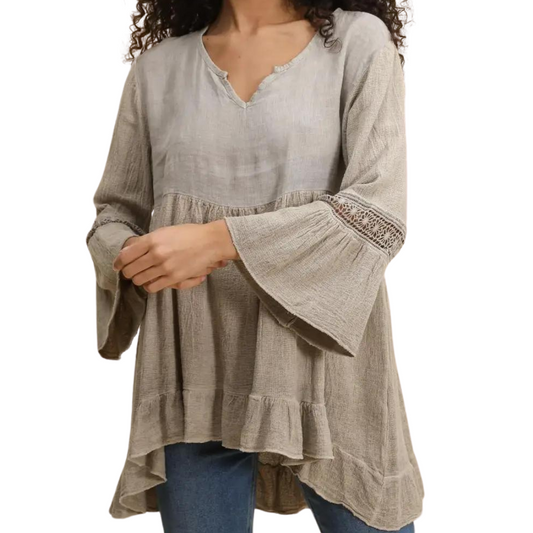 Italian Linen V Neck Babydoll Tunic 3/4 Bell Sleeve Shirt Top with Crochet Sleeve Detail