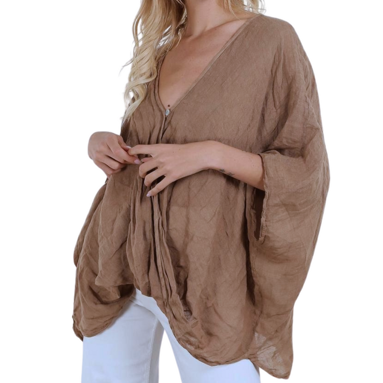 Italian Linen Deep V Neck Criss Cross Front High Low  Dolman Sleeve Shirt Top