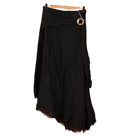 Italian Linen Black Boho Long Asymmetrical Maxi Skirt with Side Wrap Belt Coconut Button