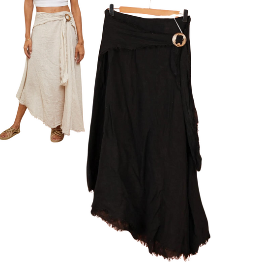 Italian Linen Black Boho Long Asymmetrical Maxi Skirt with Side Wrap Belt Coconut Button