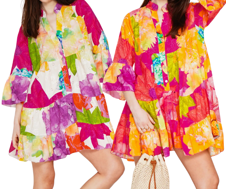 Italian Cotton Embroidered Eyelet Bold Floral Boho Print Babydoll Shirt Dress