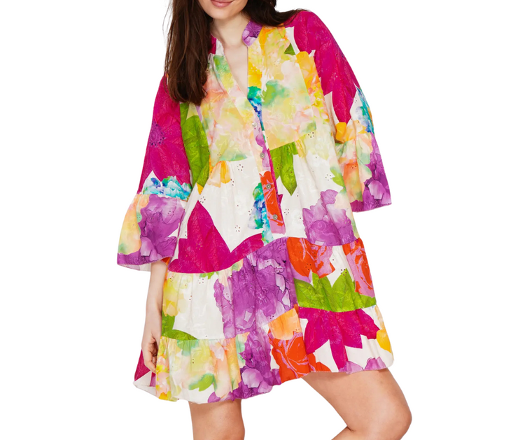 Italian Cotton Embroidered Eyelet Bold Floral Boho Print Babydoll Shirt Dress