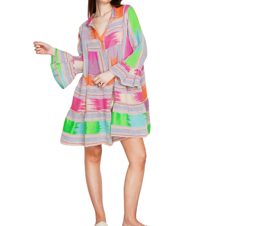 Italian Cotton Oversized Ethic Boho Vibrant Florescent Chunky Striped Tiered Mini Dress
