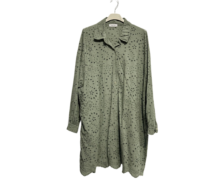 Italian Cotton Oversized Eyelet Paisley Button Front Long-sleeve Shirt Dress