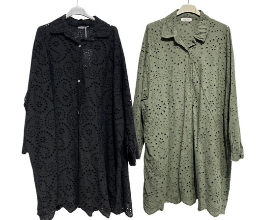 Italian Cotton Oversized Eyelet Paisley Button Front Long-sleeve Shirt Dress