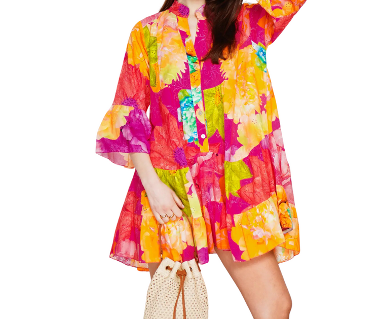 Italian Cotton Embroidered Eyelet Bold Floral Boho Print Babydoll Shirt Dress