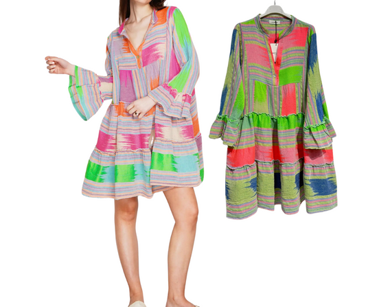 Italian Cotton Oversized Ethic Boho Vibrant Florescent Chunky Striped Tiered Mini Dress
