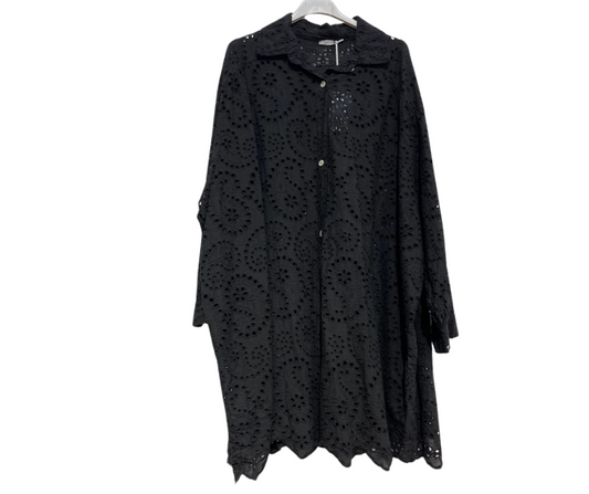 Italian Cotton Oversized Eyelet Paisley Button Front Long-sleeve Shirt Dress