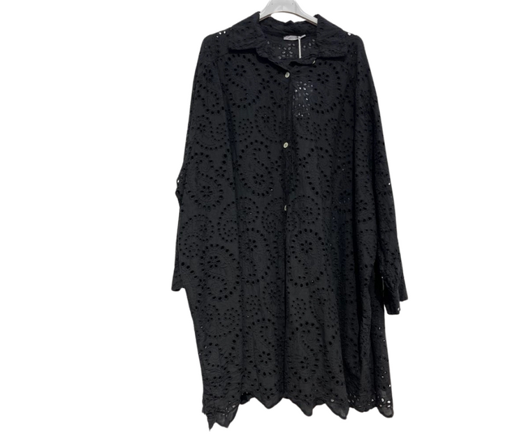 Italian Cotton Oversized Eyelet Paisley Button Front Long-sleeve Shirt Dress