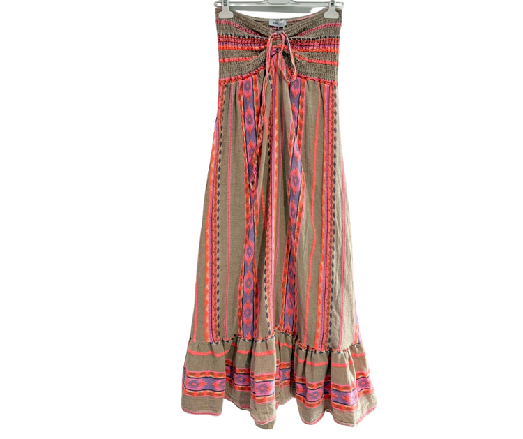 Italian Cotton Fluorescent Vertical Aztec Striped Long Strapless Maxi Dress w Stretch Bodice