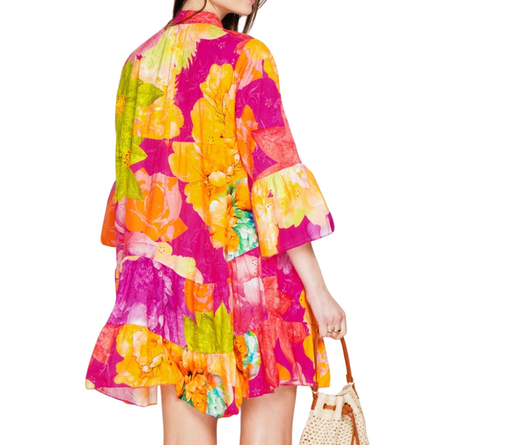 Italian Cotton Embroidered Eyelet Bold Floral Boho Print Babydoll Shirt Dress