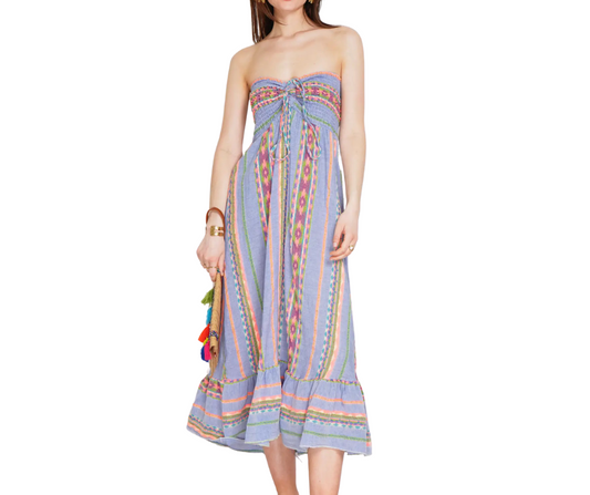 Italian Cotton Fluorescent Vertical Aztec Striped Long Strapless Maxi Dress w Stretch Bodice
