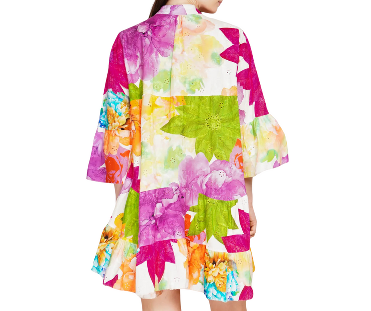 Italian Cotton Embroidered Eyelet Bold Floral Boho Print Babydoll Shirt Dress