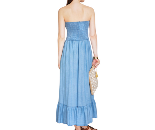 Italian Tencel Long Strapless Dark Denim Maxi Dress with Stretch Bodice Light Denim