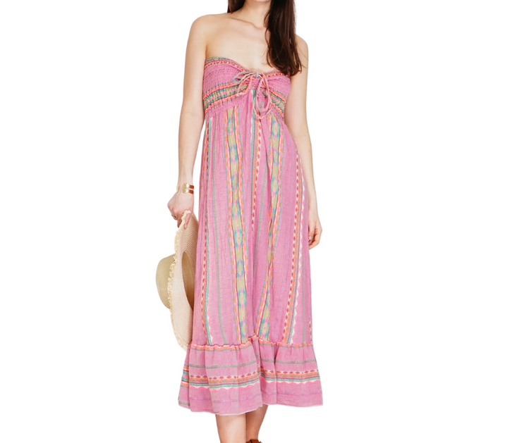 Italian Cotton Fluorescent Vertical Aztec Striped Long Strapless Maxi Dress w Stretch Bodice