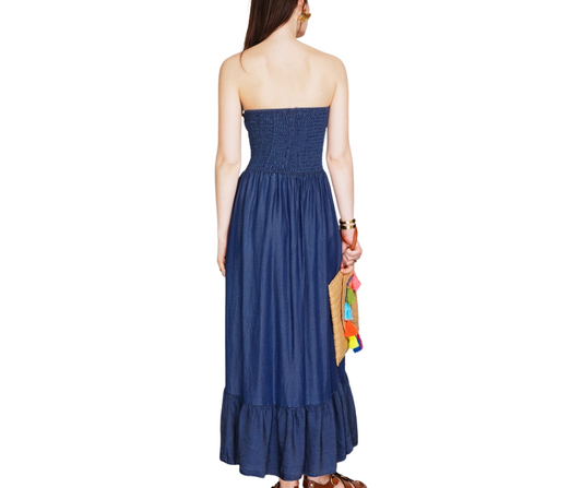 Italian Tencel Long Strapless Dark Denim Maxi Dress with Stretch Bodice