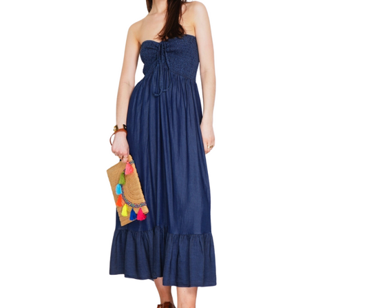 Italian Tencel Long Strapless Dark Denim Maxi Dress with Stretch Bodice