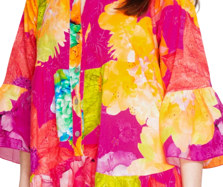 Italian Cotton Embroidered Eyelet Bold Floral Boho Print Babydoll Shirt Dress